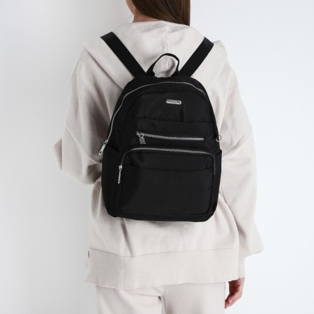 A backpack with a zipper, 5 outer pockets, pencil case, black color-9
