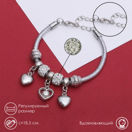 Margeri Bracelet on threads, heart, l = 18.5 cm, white color in silver-2