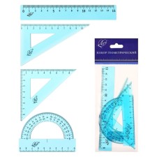 Drawing set 4 objects (ruler 15 cm, square 30 °/ 60 °, 10 cm; square 45 °/ 45 °, 8 cm; transporter 180 °, 9 cm), transparent blue