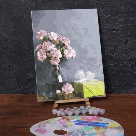 Picture on numbers on canvas with a subframe "Pink flowers and a gift", 40x30 cm-2