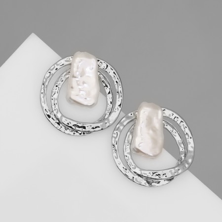 Earrings with pearls "bead" double circle, color silver