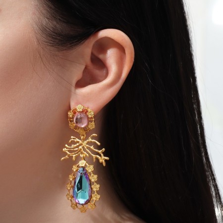 Hanging earrings with rhinestones "Flowering" Fabulous, colored in gold, 7 cm-3