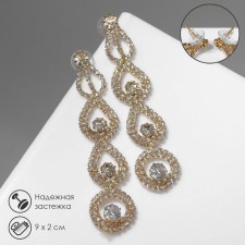 Hanging earrings with grace rhinestones, drops of trio, white color in gold, 9 cm