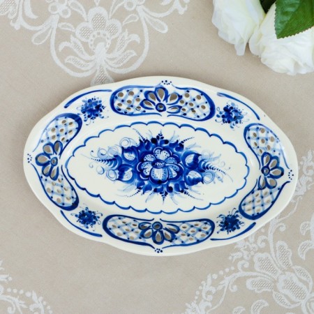 Openwork dish, Gzhel, Porcelain, 30x20 cm-1