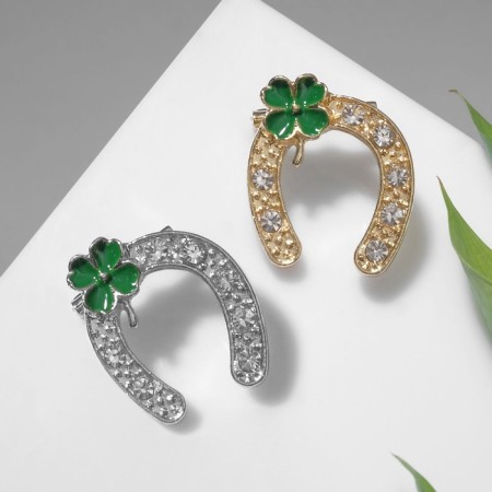 Brooch "Horseshoe" for good luck with clover, color mix (indivisible packing 12 pcs., Price per pcs.)-1