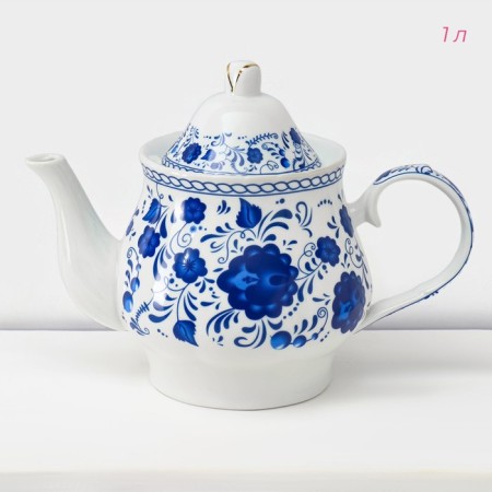 Service Ceramic Tea Dolyana "Russian Disor", 13 items on a stand: 6 cups 210 ml, 6 saucers, kettle-1