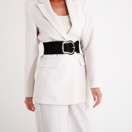 Women's belt, width 8 cm, elastic band, metal buckle, black color-4