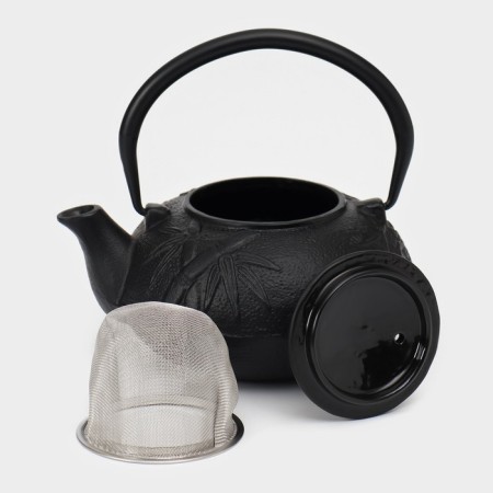 Cast iron kettle, 600 ml, with sieve, enameled coating inside, black color-2