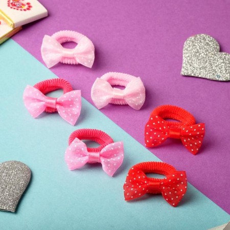 Hair elastic band "Choose" (set of 6 pcs) bow of peas, pink red-1