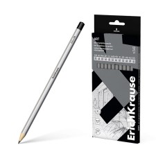 A set of pencils of chernographic various hardness of 12 pieces, Erichkrause, Griffel D = 2.2 mm, hexagonal, impact -resistant, silver, in the box