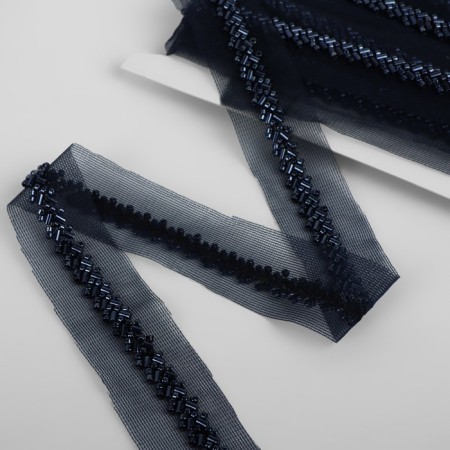 Decorative braid with beads, 35 mm, 4.5 ± 0.5 m, dark blue color-1