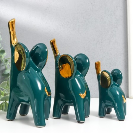 Souvenir ceramics "Elephants - Green Gloss" gold set 3 pcs 9x11; 10.5x15.5; 12.5x19 cm-3