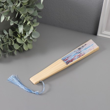 Fan Bamboo, Textile H = 21 cm "House in Sakura" Blue, with a blue brush-2