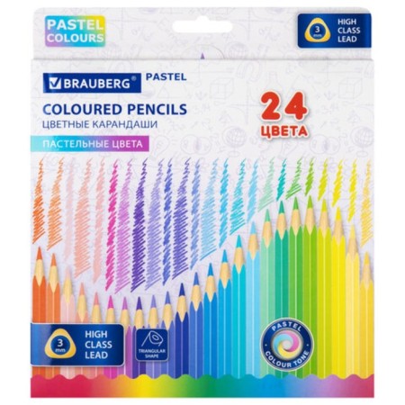 Colored pencils Brauberg Pastel, 24 pastel colors, three -sided, 3 mm neckline, 181851