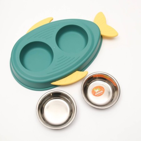 Metal dual bowl on a plastic base 2 x 160 ml, 35 x 23.5 x 5 cm, green-3
