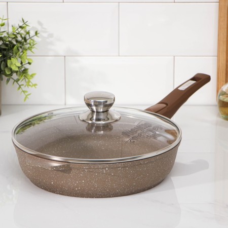 Granite pan, d = 26 cm, removable handle, glass cover, anti -stick coating, brown color