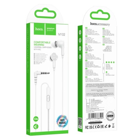Hoco M102 headphones, wired, vacuum, microphone, 1.2 m, white-4