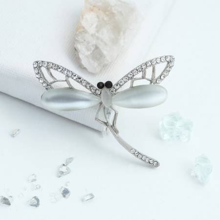 Brooch "Dragonfly" fluttering, white color in silver