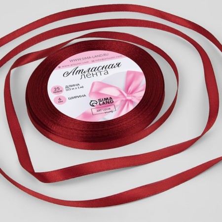 Satin tape, 6 mm × 23 ± 1 m, cherry color No. 37