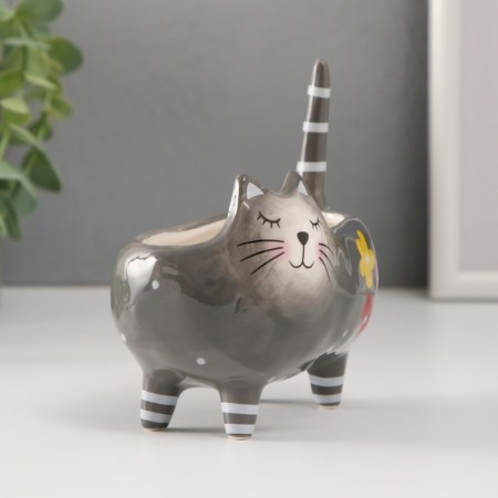 Souvenir Ceramics stand "Gray well -fed cat with colors" 11.2x7.6x11.8 cm-3