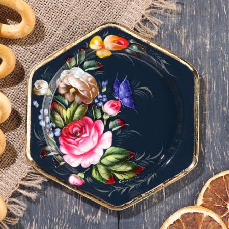 Zhostovsky tray "Flowers", author of Vladykin, D = 17 cm, Small