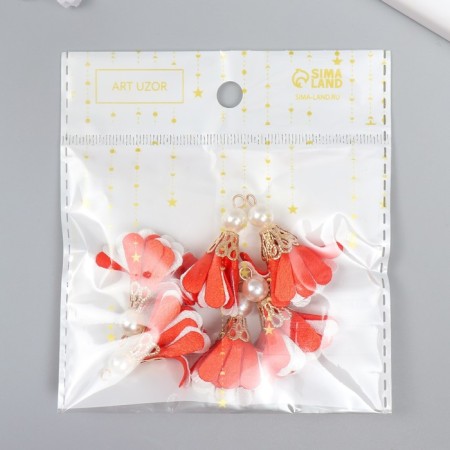 Decor Textile "Flower 2 colors with pearls. Red and white" set 6 pcs 3 cm-3