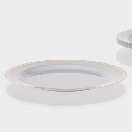 Plastic disposable plastic, 23 cm, round, flat, white color with a golden pocket-5