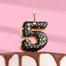 Свеча в торт "Саната", цифра "5", черная с золотыми звездами, 5,5 см
