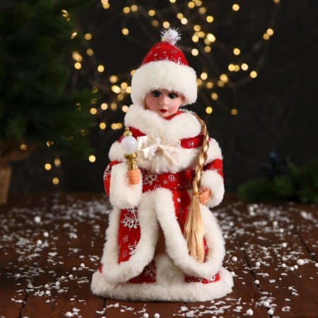 Snow Maiden "Fluffy fur coat with a bow and a flashlight" moves, 30x14 cm, red