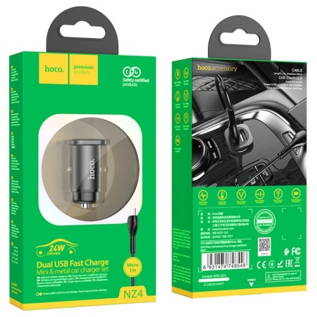 Hoco NZ4, 24 W, 2 USB-2.4 A, MicroUSB 1 m, black car, black-4