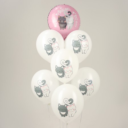 Bouquet of balls "Romantic cats", latex, foil, set: 7 pcs., Mix-1