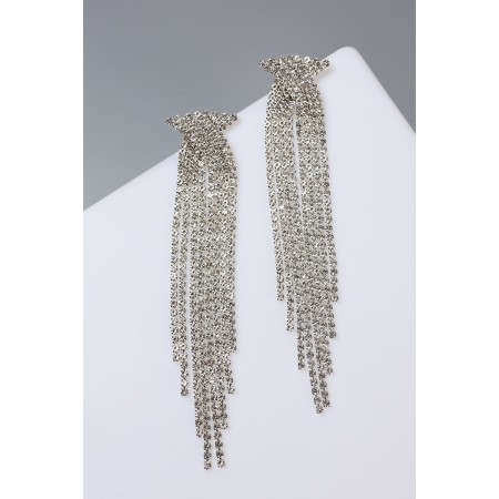 Hanging earrings with rhinestones "Waterfall" bow, white color in silver, 10 cm-4