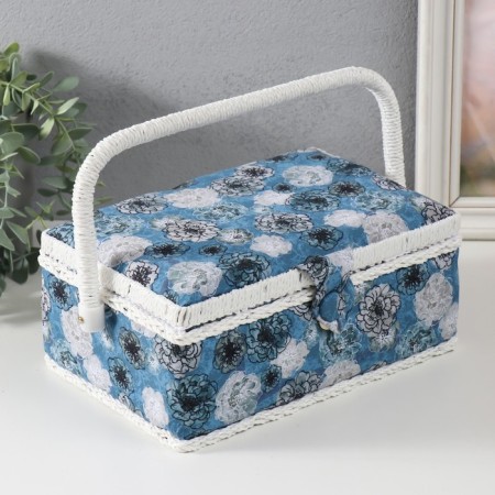 Casket for needlework "Black and white flowers on blue" 24x16x11 cm