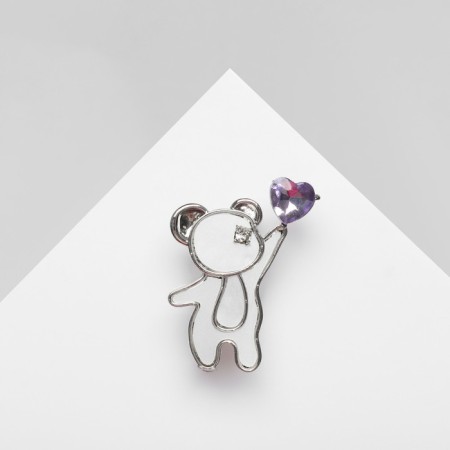 Brooch "Bear" with heart, white-purple color in gold-1
