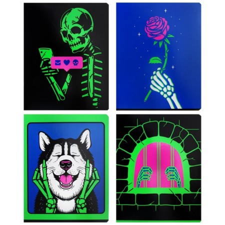 A notebook of 48 sheets in a cage on a board "Skeleton", a cover coated cardboard, VD-flus, fluorescent paint, mix