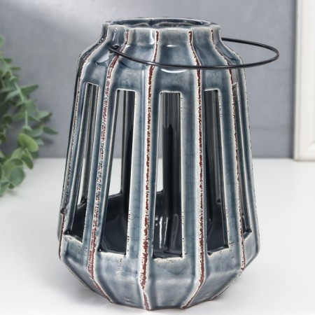 Ceramics candlestick for 1 candle "Lantern with cuts" Gray 19x14x14 cm-4