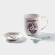 Ceramic mug with a stand and a spoon “Unicorn in Dreams”, 330 ml, Mix drawing