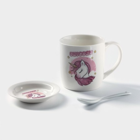 Ceramic mug with a stand and a spoon “Unicorn in Dreams”, 330 ml, Mix drawing