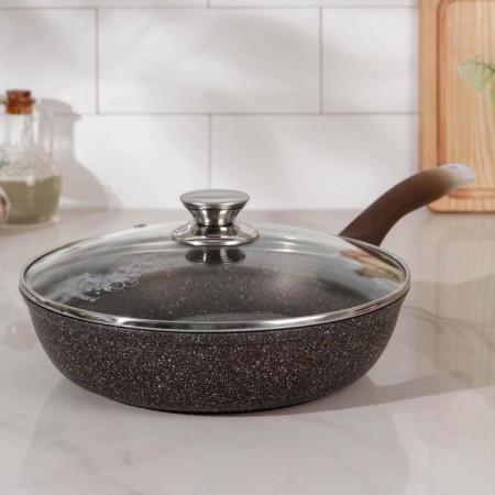 Pan, d = 24 cm, h = 6 cm, plastic handle, glass cover, anti -stick coating, color coffee marble