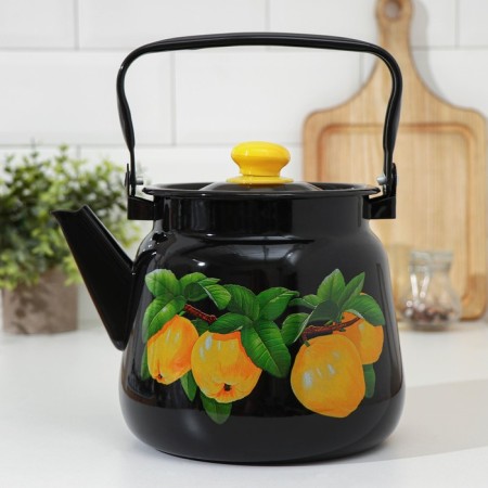 Enamged kettle, 3.5 l, black color, mix drawing