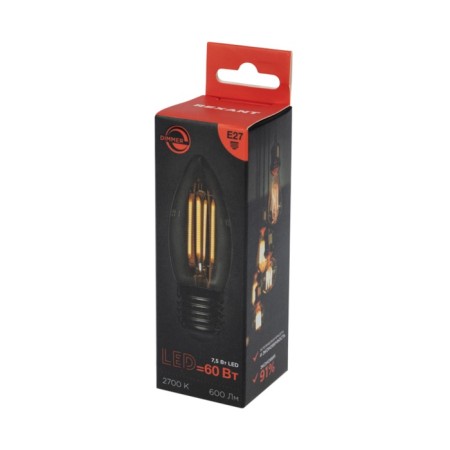 CN35 Filament Candle 7.5W 600lm 2700K E27 Dimmiad, transparent REXANT SOVE-3