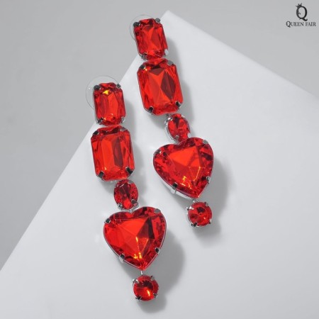 Hanging earrings with rhinestones "Jewel" heart, red color in silver, 7cm-1