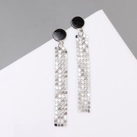 Hanging earrings "rectangle" disco, black-silver color, 8 cm-2