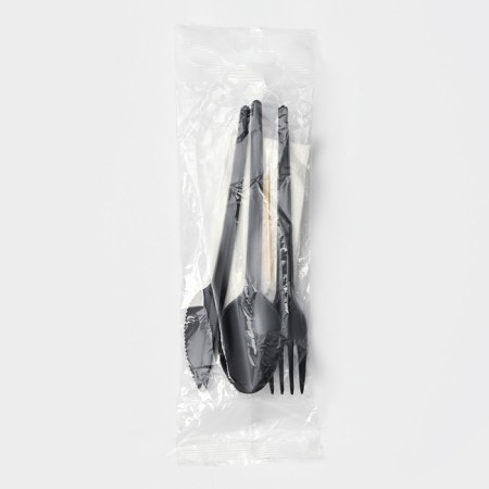 A set of plastic disposable devices "premium", 5 objects: fork, spoon, knife, toothpick, napkin, 16.5 cm, black color-7