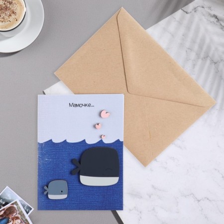 A postcard with a wooden element "Mommy..." Handwork, whales, 14.7x10.5 cm-1