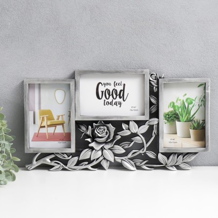 Photo frame Plastic in 3 photos 10x15 cm "Rose in the leaves" aged silver 40x21.5 cm