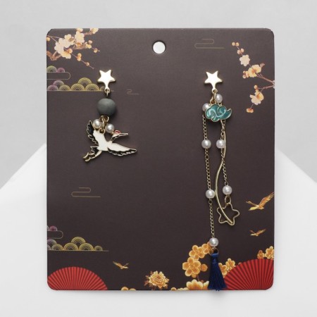 Earrings with pearls "Japan" stork and stars, colored in gold-2