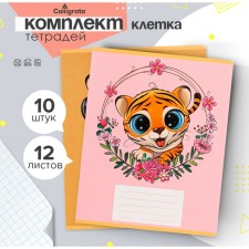A set of notebooks of 10 pieces, 12 sheets in the Calligrata Tigeronok cage, covered cardboard, VD-psy, OFSET block, 5 types of 2 pieces