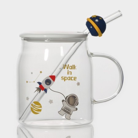 Glass mug with a ceramic lid and tube "Cosmos", 500 ml, color mix-9