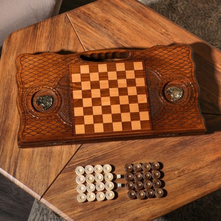 Handmade backgammon "eagle", deep cutting, with a pen, 60x30 cm, with a chess field, Armenia-1